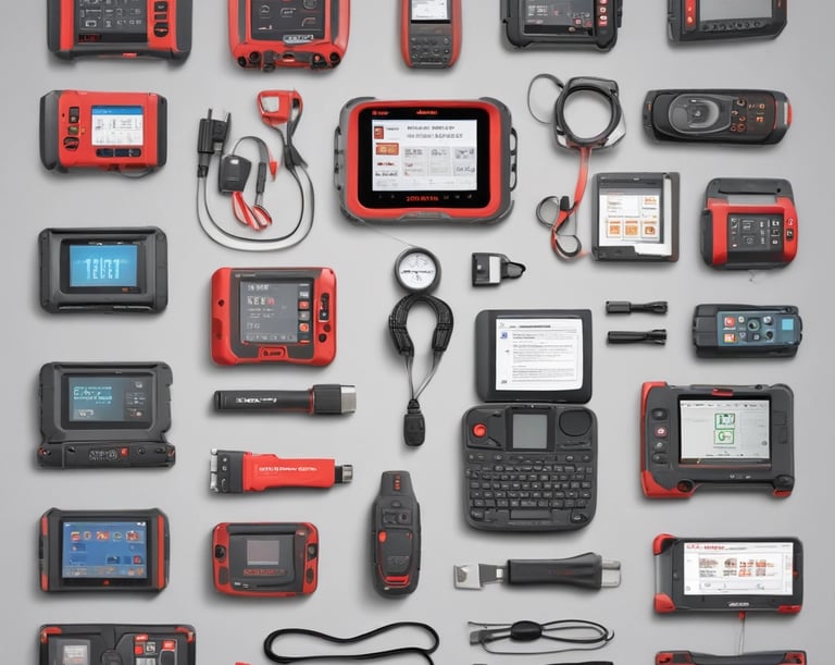 Close-up of a sleek OBD2 scanner plugged into a car dashboard glowing with electric blue accents