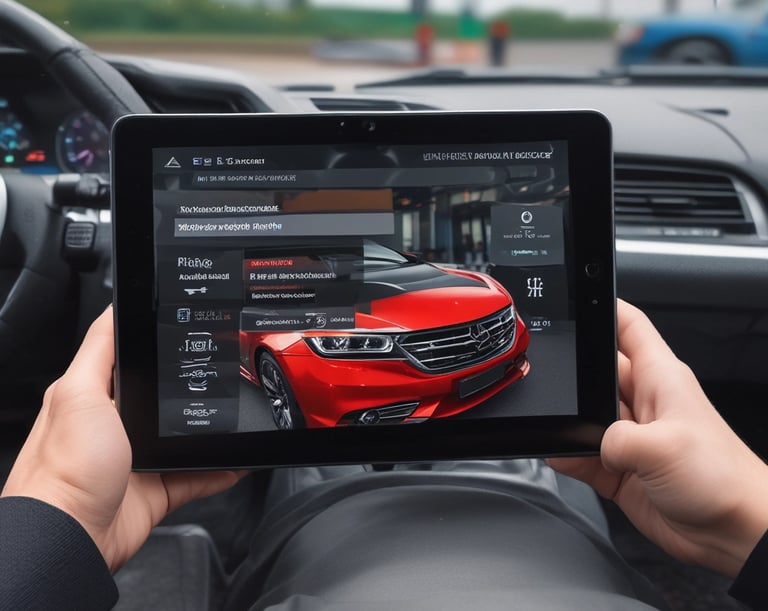 Close-up of a sleek OBD2 scanner plugged into a car dashboard glowing with electric blue accents