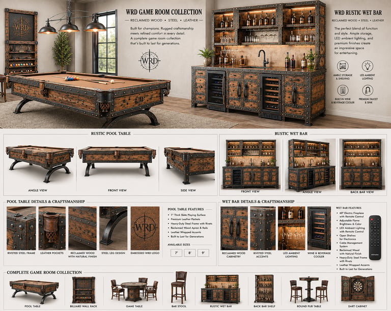 Rustic game room furniture collection featuring a reclaimed wood pool table and a wet bar with industrial steel accents.