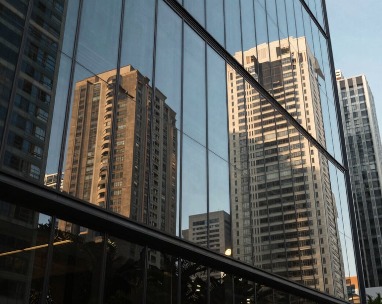 Reflection of Brazilian skyscrapers in a glass office window, professional and innovative atmosphere.