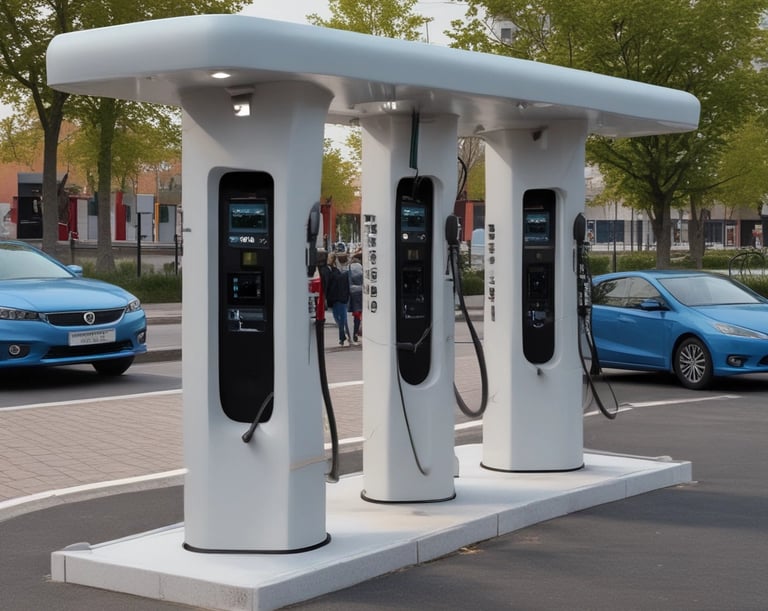 An electric vehicle (EV) charging station is situated in an outdoor, grassy area with trees in the background. The station features a ChargePoint unit with two charging plugs and an orange sign indicating 'EV Charging Only'. A small body of water is also visible behind the station.