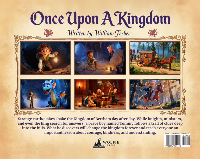 Children's fantasy book cover for Once Upon A Kingdom by William Ferber featuring a boy, a blue dragon, and a horse.