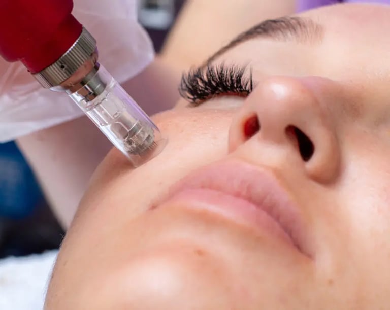 a woman getting her face treated with microneedling