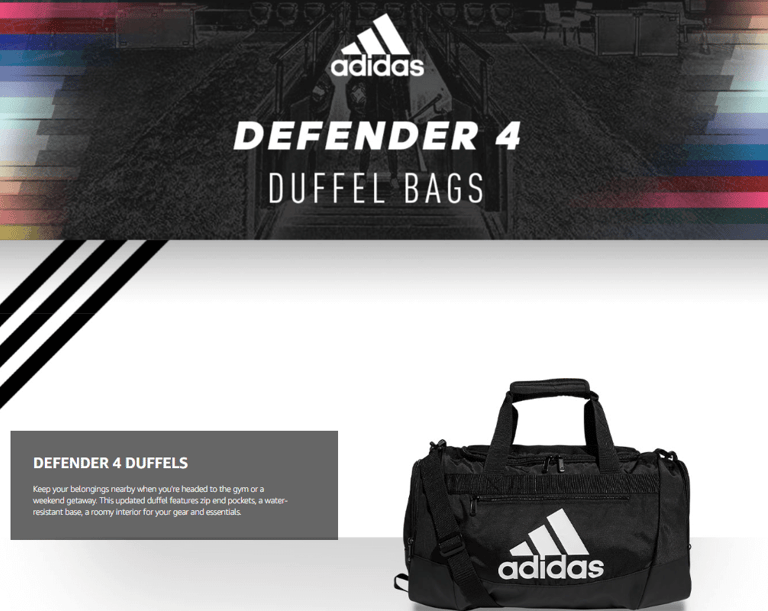Lightweight Adidas Defender 4 large duffle bag, perfect for gym and everyday use.