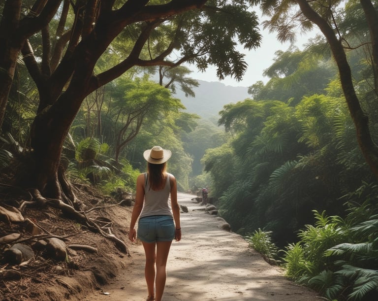 A person wearing a black t-shirt with the word 'TRAVEL' printed on it stands in front of a calm body of water, surrounded by lush green trees. The person is smiling and wearing glasses and a cap.