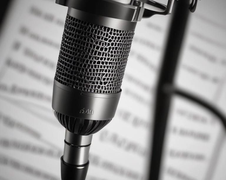 A person is speaking into a microphone, with a blurred background suggesting the setting is a recording or broadcast studio. The lighting is warm, creating a focused and professional atmosphere. A computer screen with editing software is partially visible in the background.