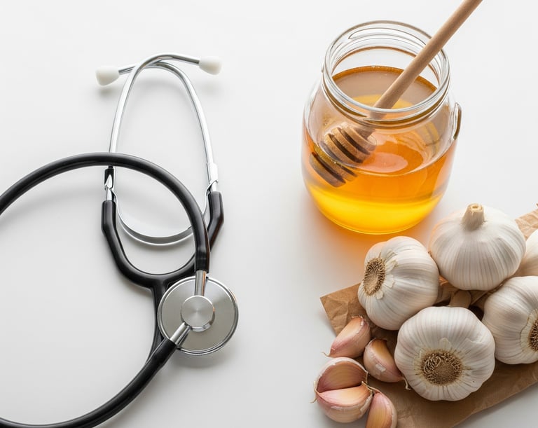 Garlic cloves and a jar of honey next to a list of parasite symptoms, illustrating the balanced appr