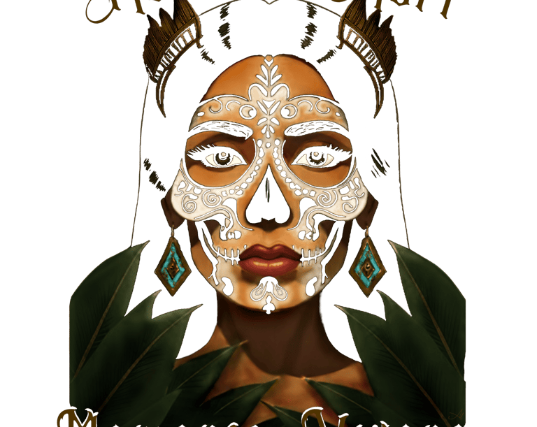 a woman with a skull mask and a gold mexica headdress behind jungle foliage