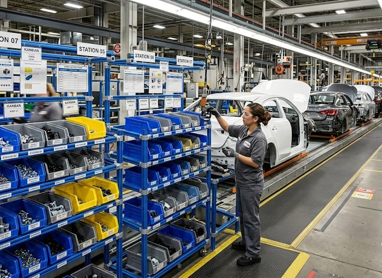 An industrial automotive assembly line with a worker organizing parts in blue bins near car frames.