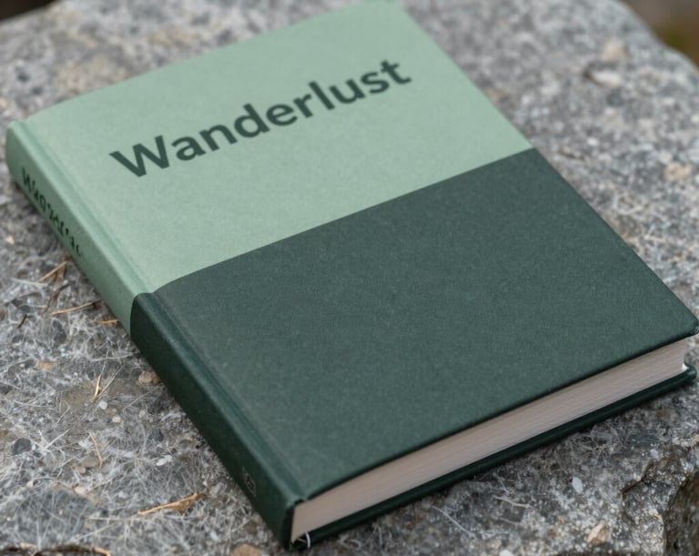 A close-up shot of a minimalist travel book cover titled 'Wanderlust' resting on a smooth grey stone. The lighting is soft and natural. Colors include dusty leaf green and dark charcoal green accents.