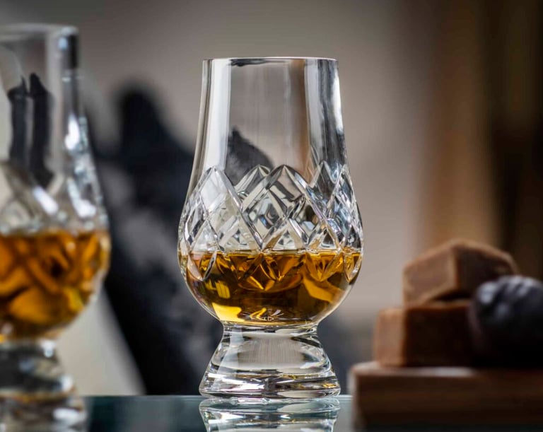 Elegant crystal Glencairn whisky glass with diamond cuts filled with amber scotch next to traditional fudge.
