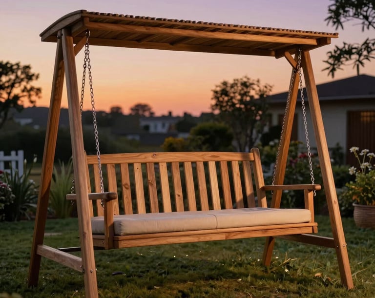 A cozy garden swing set with soft cushions, perfect for relaxing afternoons.