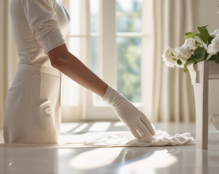 Hands changing fresh white bed linens in a sunlit bedroom with cream decor.