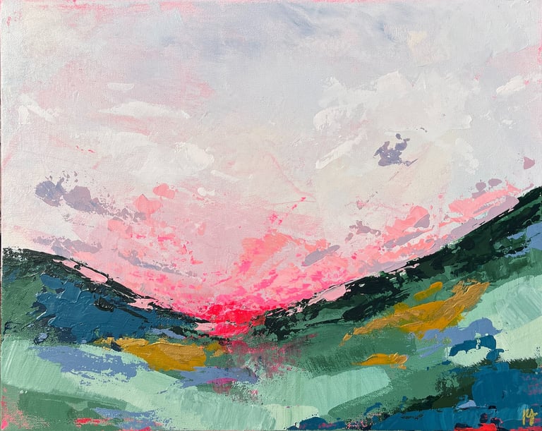 Kate Young abstract painting, size 18x20, pink and green and blue, Guelph artist