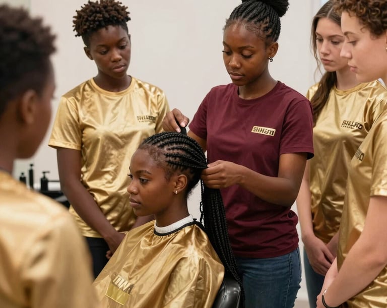 Close-up of a stylist expertly braiding natural afro hair in a bright, elegant salon.