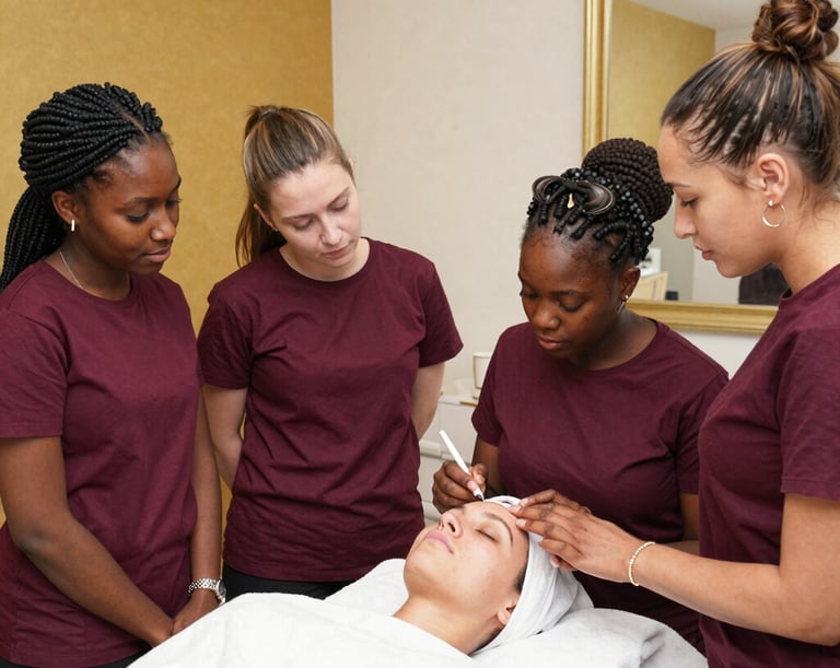 A serene classroom setting with students practicing keratin treatments on mannequins.