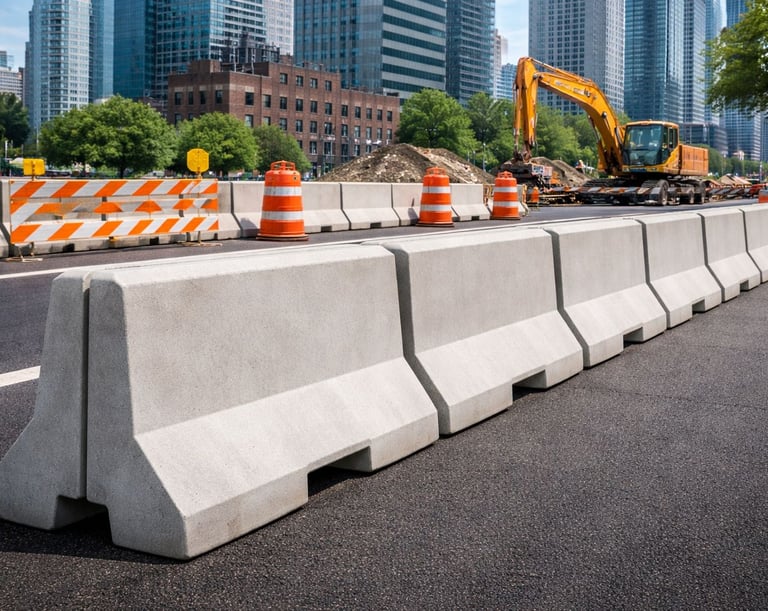 Barreiras New Jersey de concreto instaladas em obra urbana com máquinas e cones de sinalização