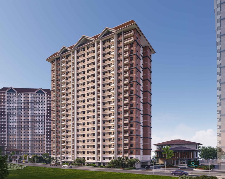 Modern multi-story residential apartment buildings in a lush urban development with blue skies.
