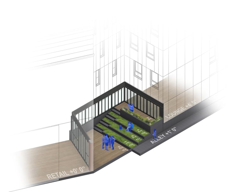 a rendered diagram of a courtyard garden space