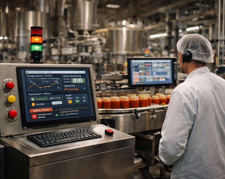 Worker monitoring a SCADA control panel in a modern food processing facility