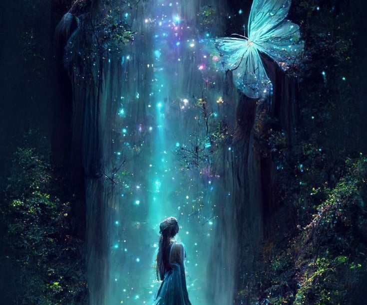 Une jeune femme sous une cascade de lumière verte avec un papillon