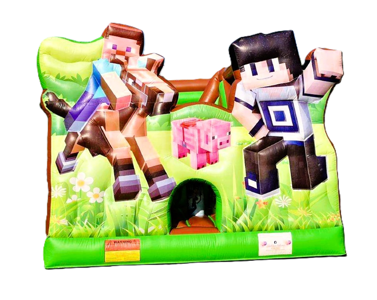 Inflatable Minecraft bounce house featuring Steve on a horse and pixelated characters for party rentals.