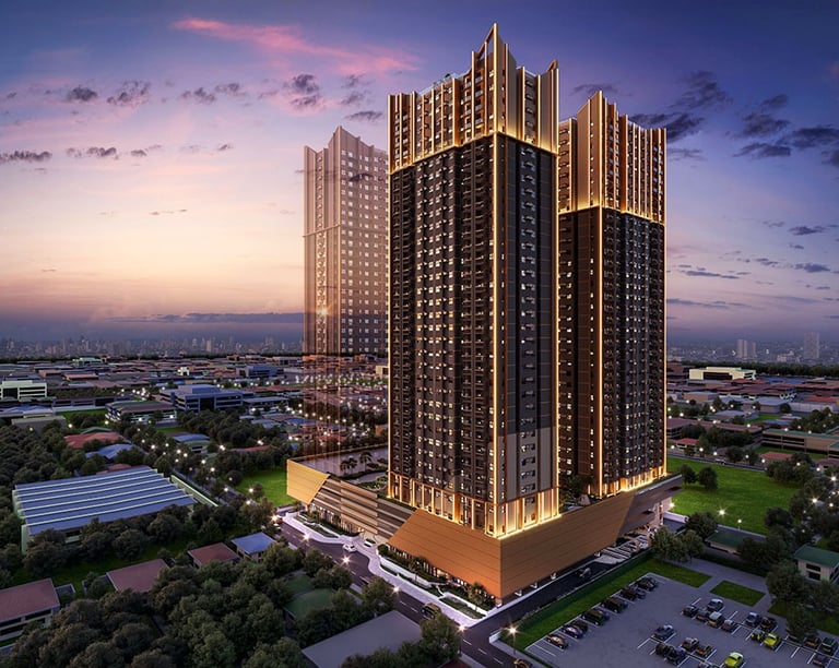 Luxury high-rise residential apartment building at sunset with modern architectural lighting.