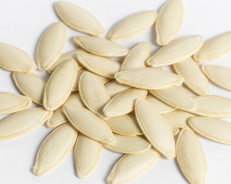 A pile of dried white pumpkin seeds on a white background, perfect for a healthy snack.