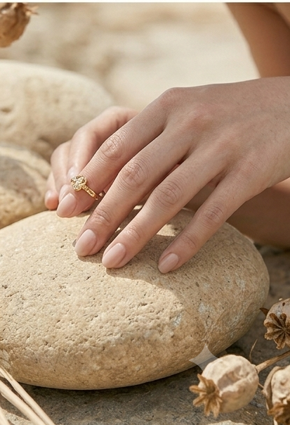 Mano con manicura en tono nude y un anillo de trébol dorado, apoyada sobre una piedra natural lisa.