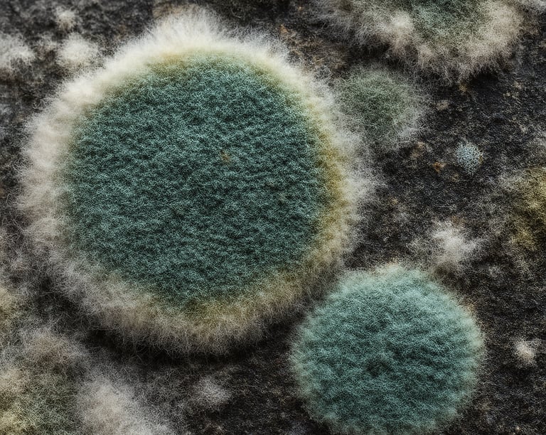 Macro view of fuzzy green and white mold colonies growing on a dark surface.