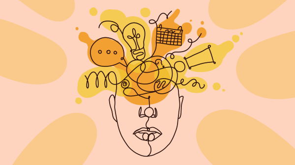 Illustration of person with their head full of different thoughts and ideas