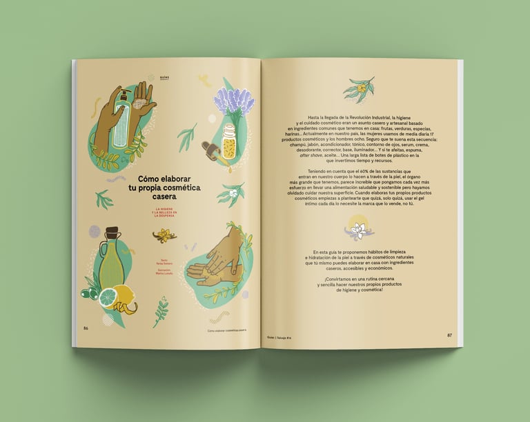 magazine pages with pictures of hands holding cosmetics and olive oil, lemon, lavender, leaves