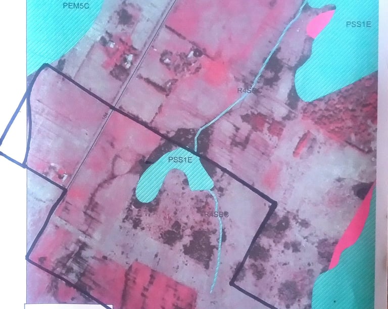 an overhead map indicating the boundaries of the farm and nearby federal and state wetlands
