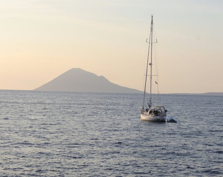 a sailboat in the ocean with a mountain in the background