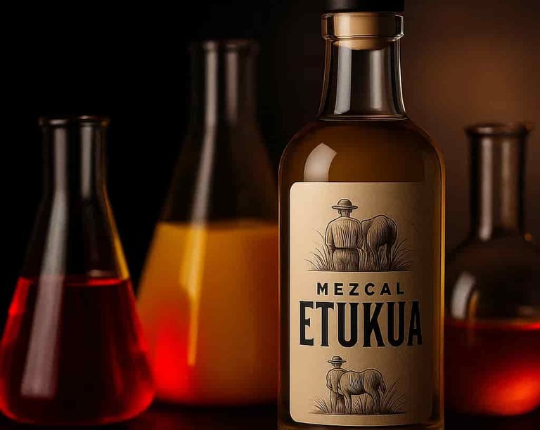 Frascos de laboratorio con líquidos coloridos representando aditivos químicos modernos para adultera