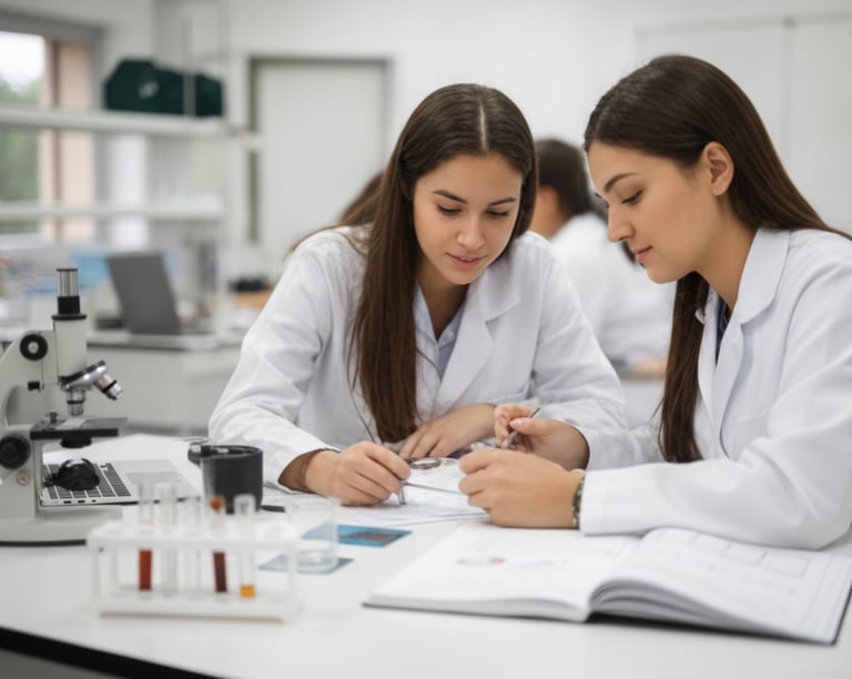 Two female students in white lab coats working together in a classroom setting, focusing on their task.