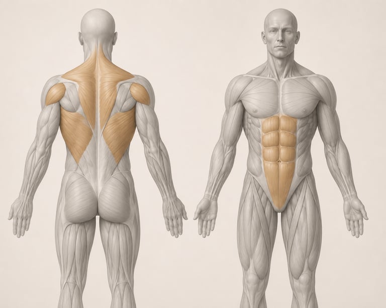 Diagramme anatomique du corps humain mettant en évidence les trapèzes, le grand dorsal
