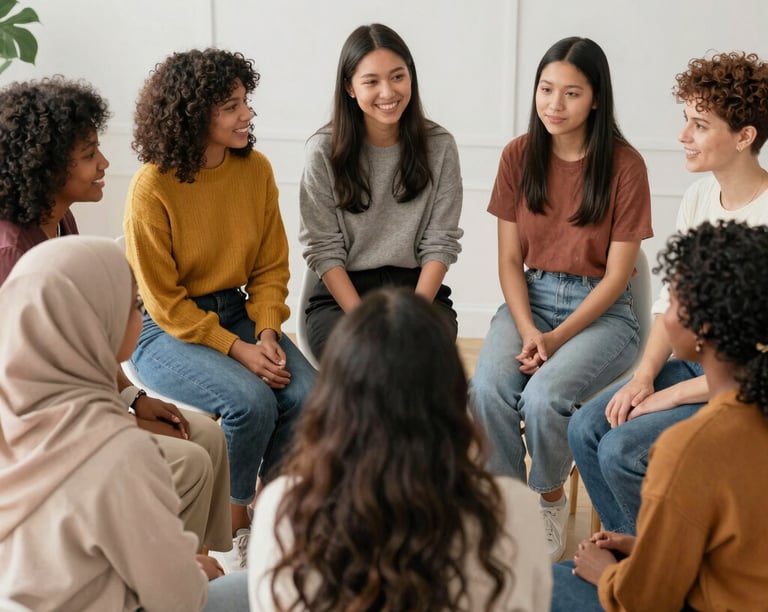 A group of diverse women smiling together during a workshop outdoors.