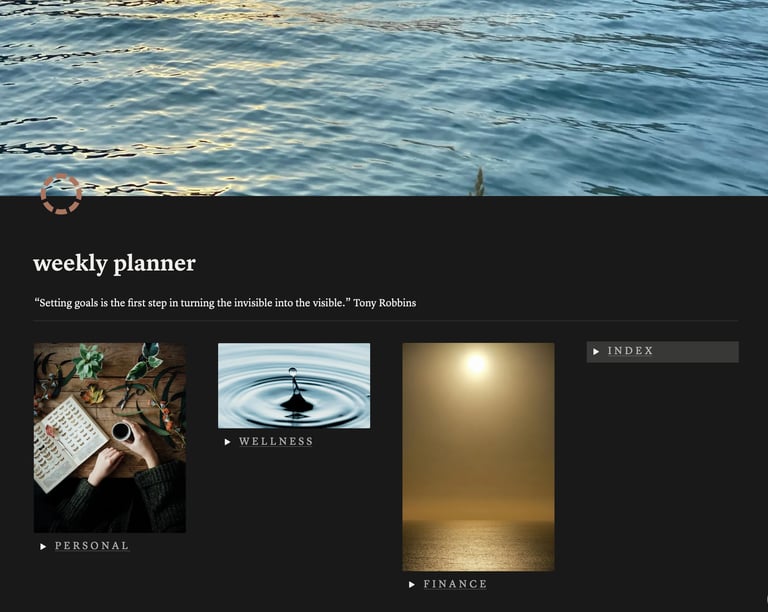 A digital weekly planner dashboard with sections for personal, wellness, and finance goals over a water ripple background.