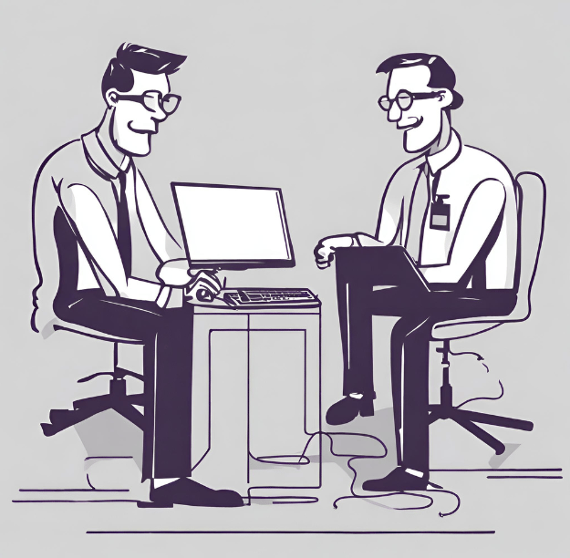 two men sitting at a desk with a laptop