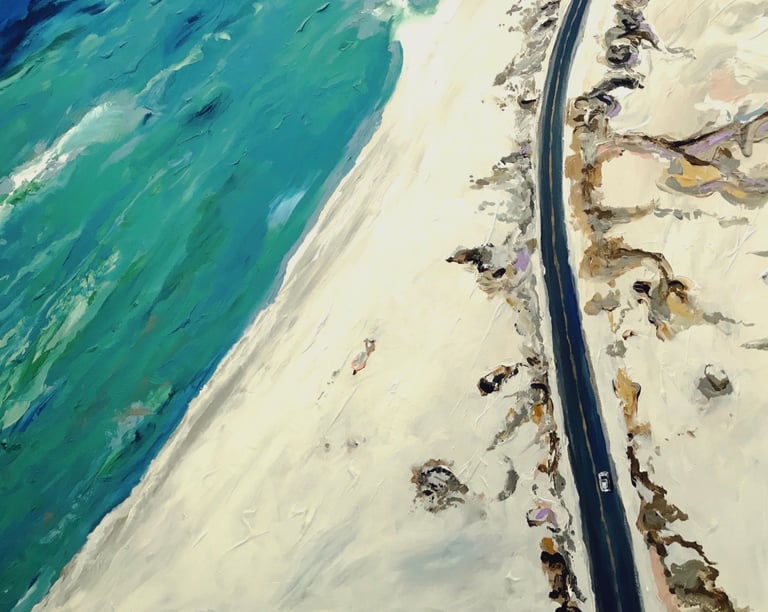 a painting of a road by the seashore