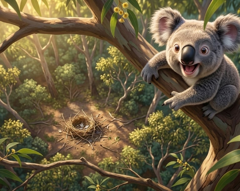 A cute koala smiling on a eucalyptus tree branch overlooking a bird nest in the Australian bush.