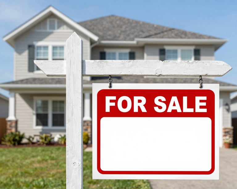 A happy homeowner holding a large stack of cash next to a 'For Sale' sign.