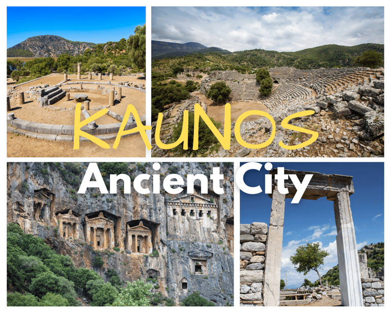 a collage of photos of a collage of ancient ruins of Kaunos