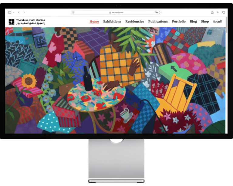 a computer monitor screen displaying a picture of a computer screen with a colorful painting