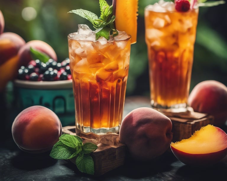 a glass of iced tea with peaches and mint leaves