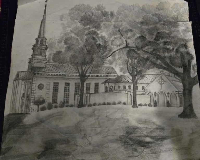 A hand-drawn black and white drawing of a church with trees in the yard.
