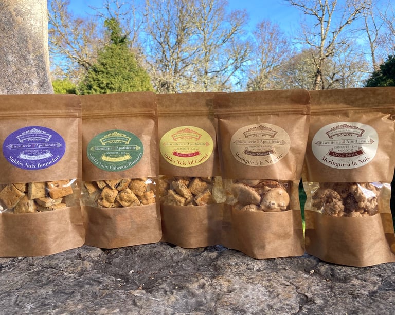 Paquets de biscuits artisanaux de la Biscuiterie de l'Apothicaire