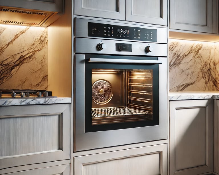 a kitchen with a stove and oven in the middle