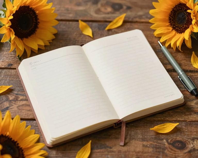 Flat-lay of an open paper planner on a rustic wooden desk, scattered sunflower petals, a sage green pen, warm diffused daylight, cozy and creative.